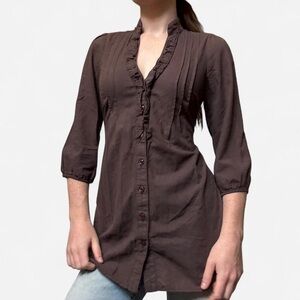 Anthropologie odille brown cotton blouse with tie waist